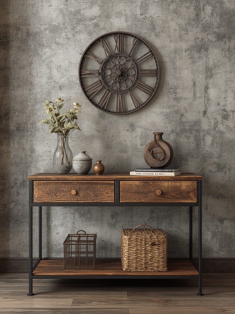 Industrial furniture with metal and reclaimed wood home decor