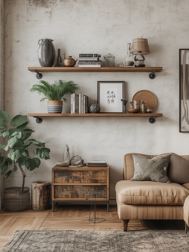 Industrial pipe shelving living room wall home decor