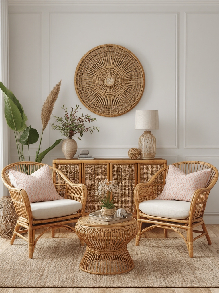 Rattan and cane furniture accent pieces for home decor