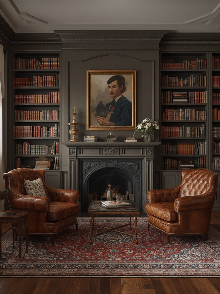 Traditional library with leather armchairs home decor