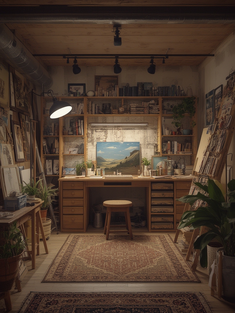 home art studio lighting and storage