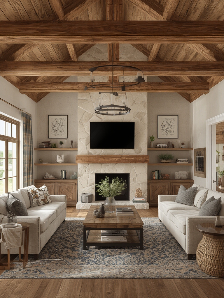 Rustic wooden ceiling beams living room home decor