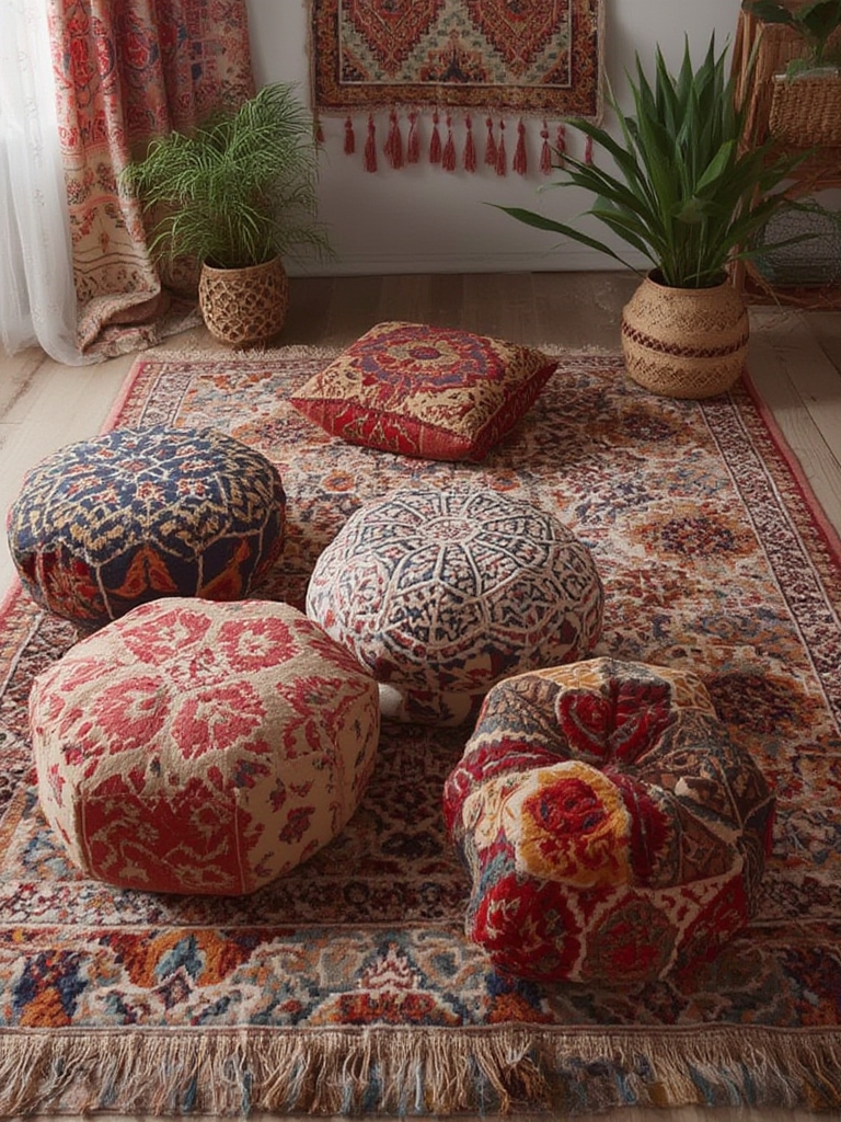 Moroccan style poufs and patterned rugs for home decor